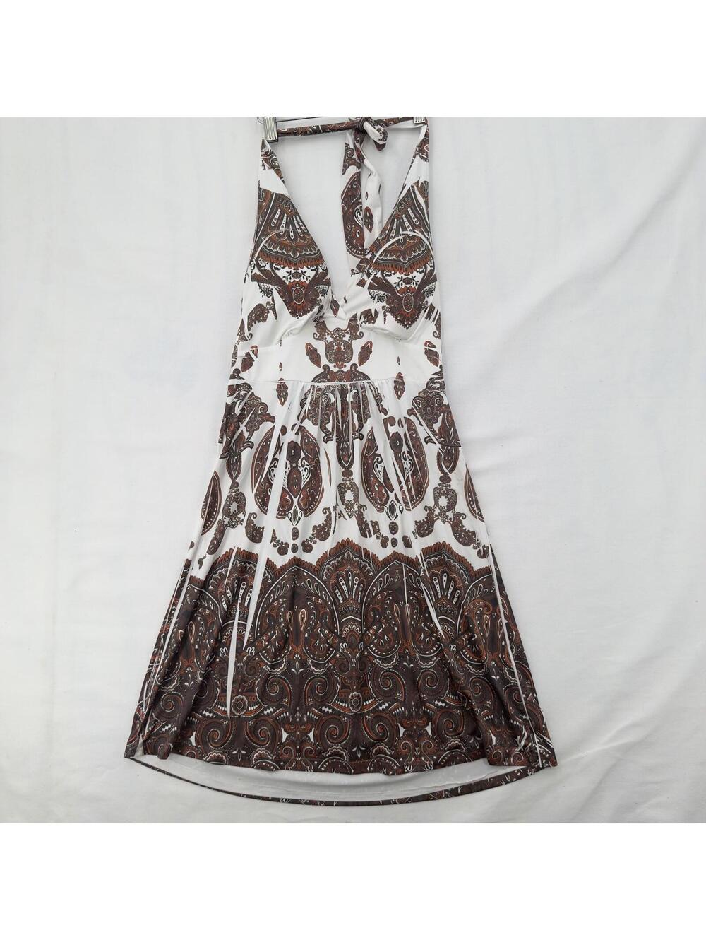 Siren Lily White Brown Paisley Halter Mini Dress Size Small Deep V Tie Neck Y2K